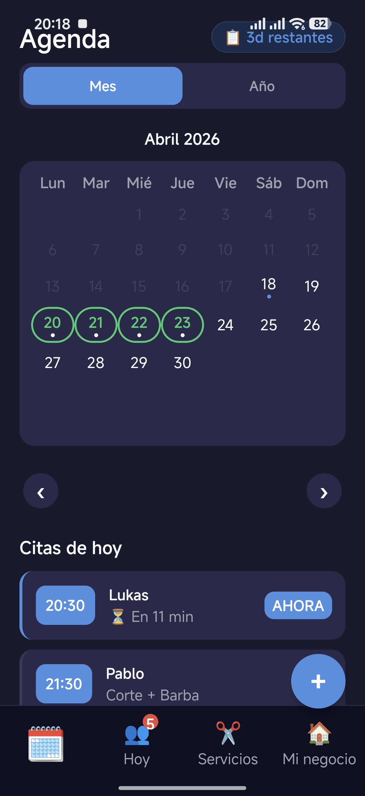 Pantalla Agenda — calendario mes/año y citas del día