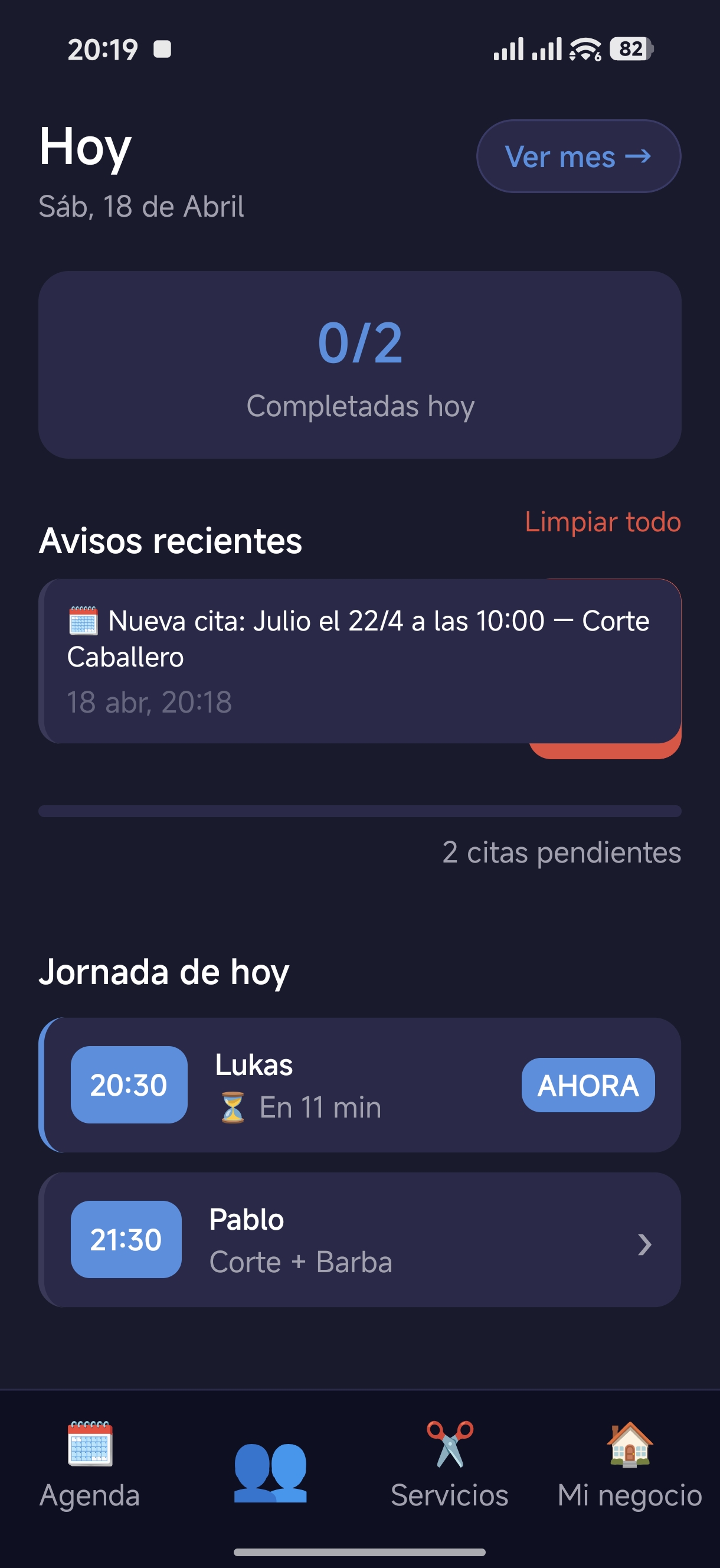 Pantalla Hoy — avisos recientes y jornada del día