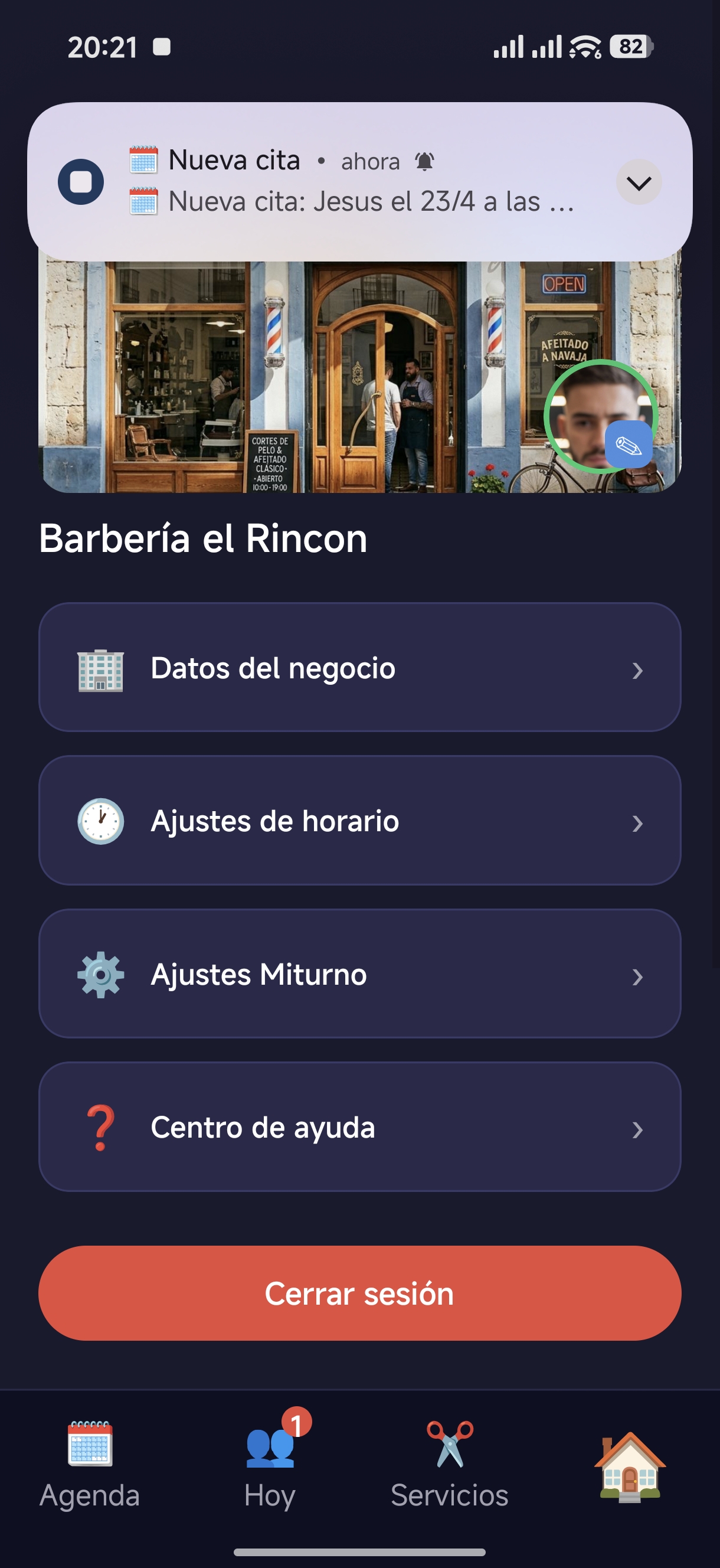 Pantalla Mi Negocio — foto del local y opciones