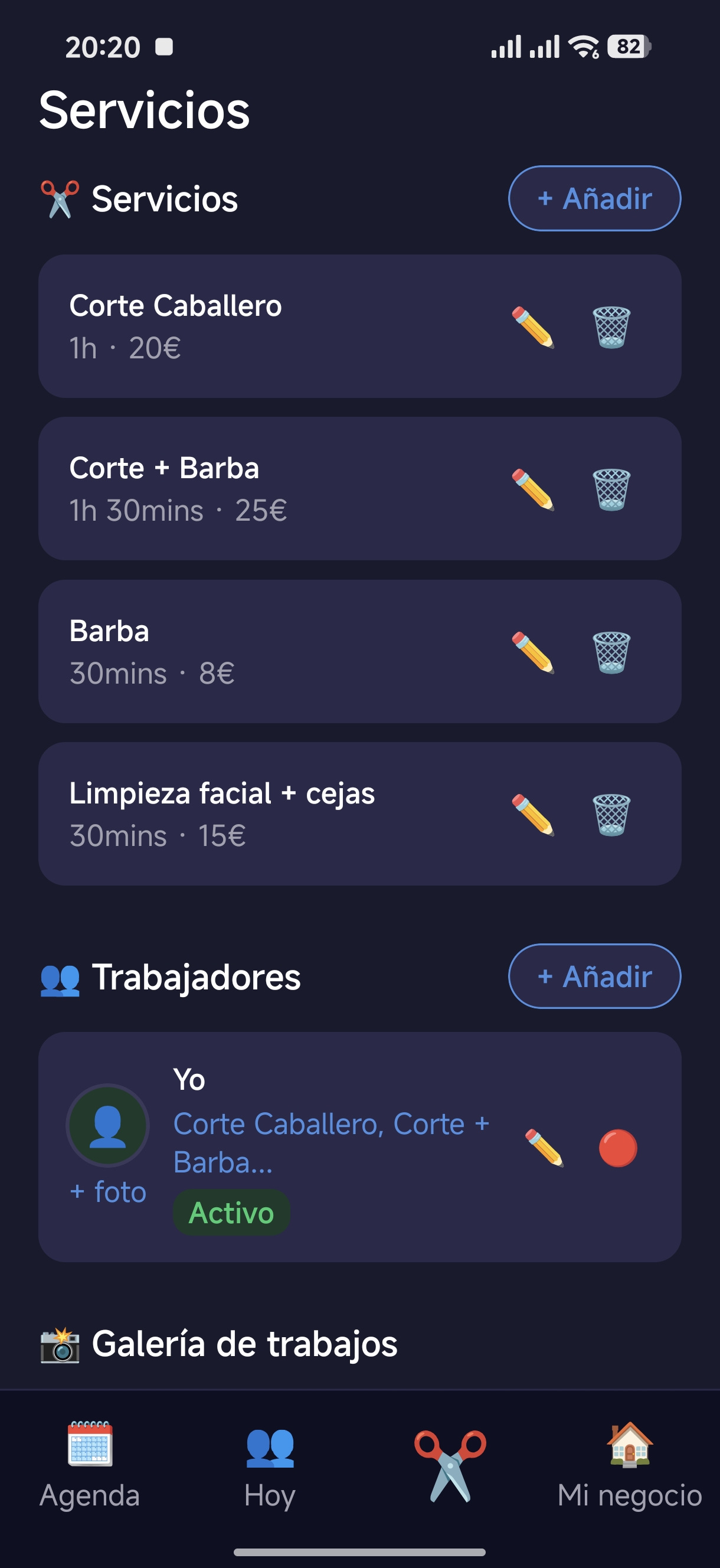 Pantalla Servicios y Trabajadores